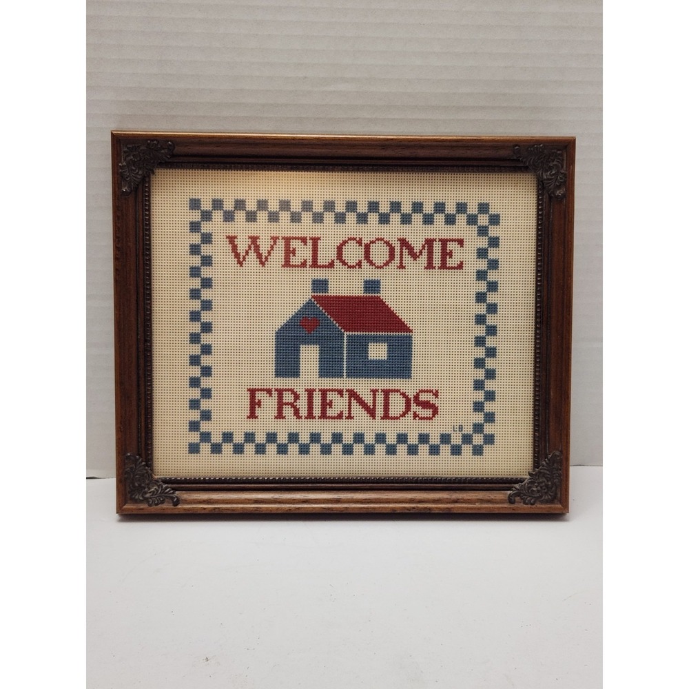 Completed Custom Framed Cross Stitch Sampler Decor Welcome Friends Artwork Love
